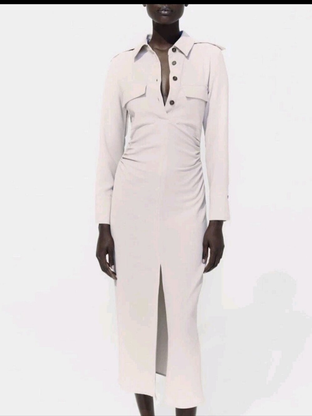 ZARA Maxi Cream Dress Long Sleeve Size Small Buttons And Zipper Safari Style